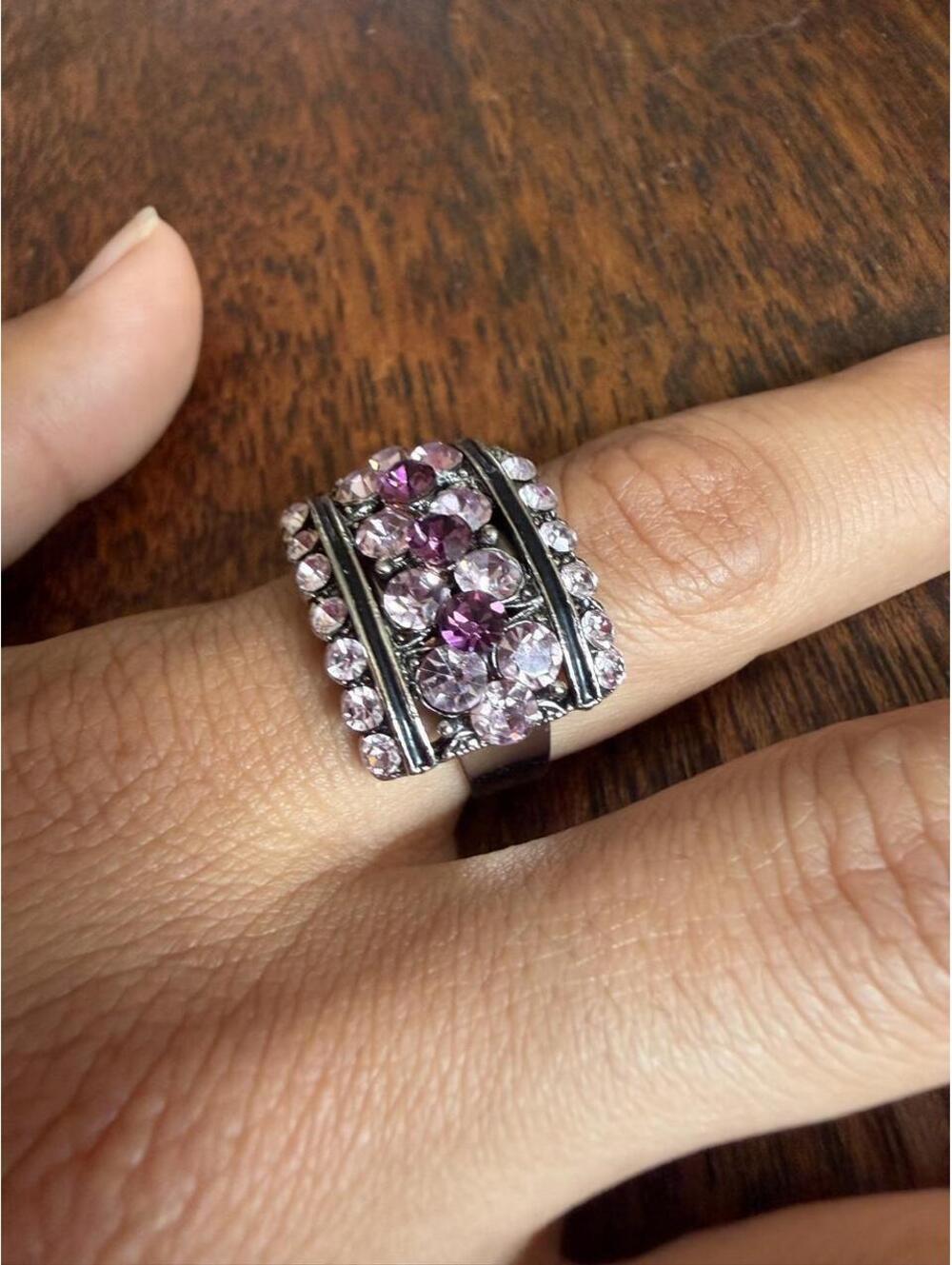 Vintage Pink Rhinestone Statement Ring | Adjustable Cocktail Ring - Picture 2 of 4